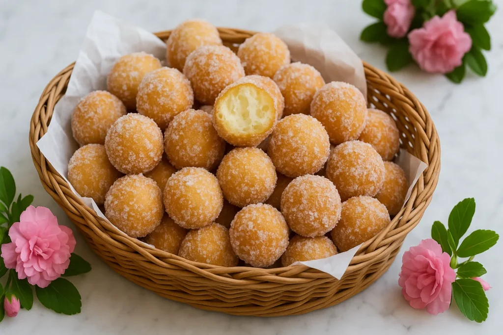 A wicker bread basket filled with sugar-coated donut holes, lined with parchment paper and surrounded by pink flowers on a marble surface.