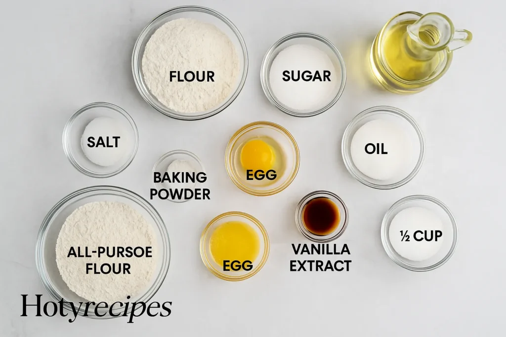 Labeled ingredients for simple homemade donuts arranged on a light countertop, featuring flour, sugar, egg, oil, vanilla extract, and other essentials,