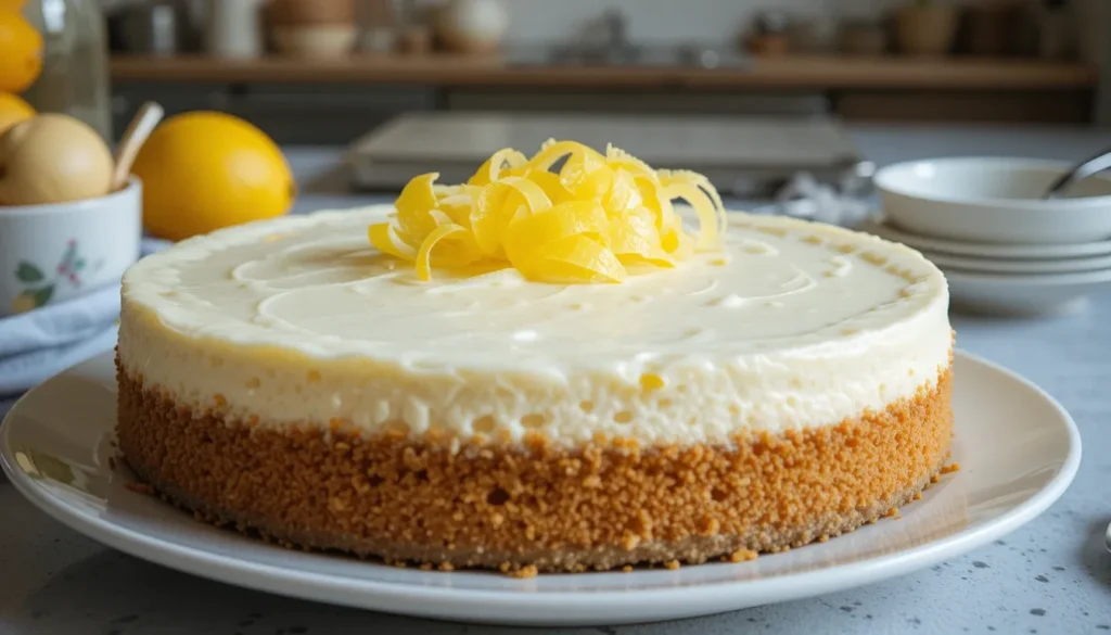 A classic cheesecake topped with a glossy layer of sour cream, served on a rustic cake stand with a golden graham cracker crust and soft natural lighting.