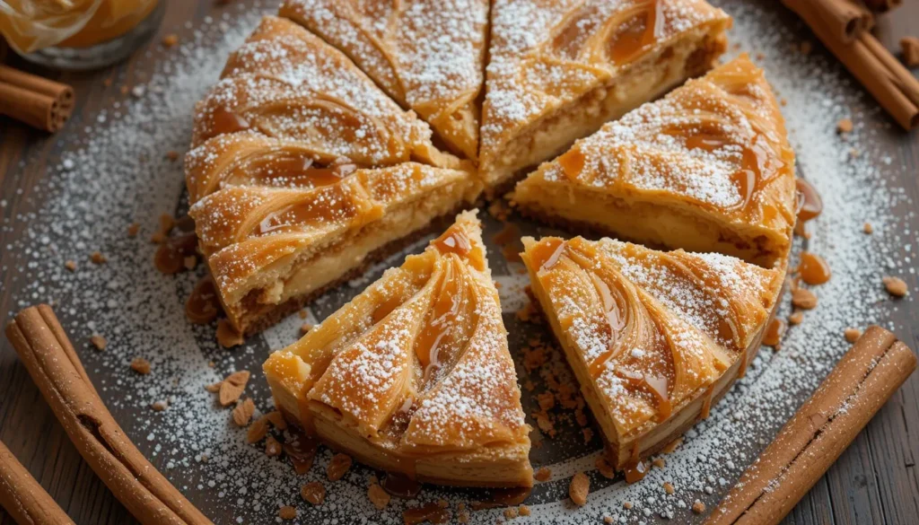 Golden churro cheesecake bars with cinnamon sugar crust and creamy filling, arranged on a wooden tray with a dusting of powdered sugar and caramel sauce.