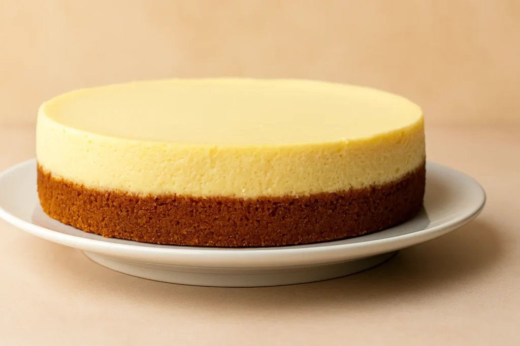 Classic New York-style cheesecake with a golden graham cracker crust, served on a white plate.