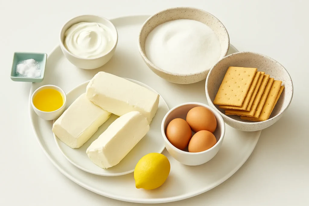 Cheesecake ingredients including cream cheese, eggs, sugar, graham crackers, lemon, melted butter, sour cream, and salt arranged on a white surface.