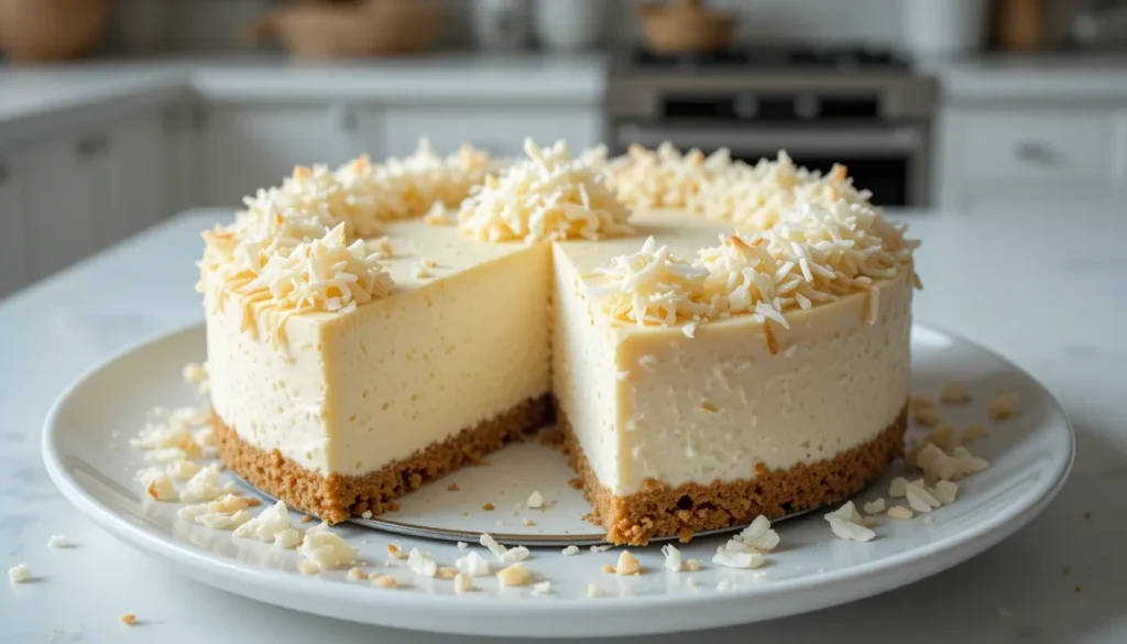 Coconut cheesecake topped with toasted coconut flakes and white chocolate curls on a marble cake stand, surrounded by tropical decor and natural light.