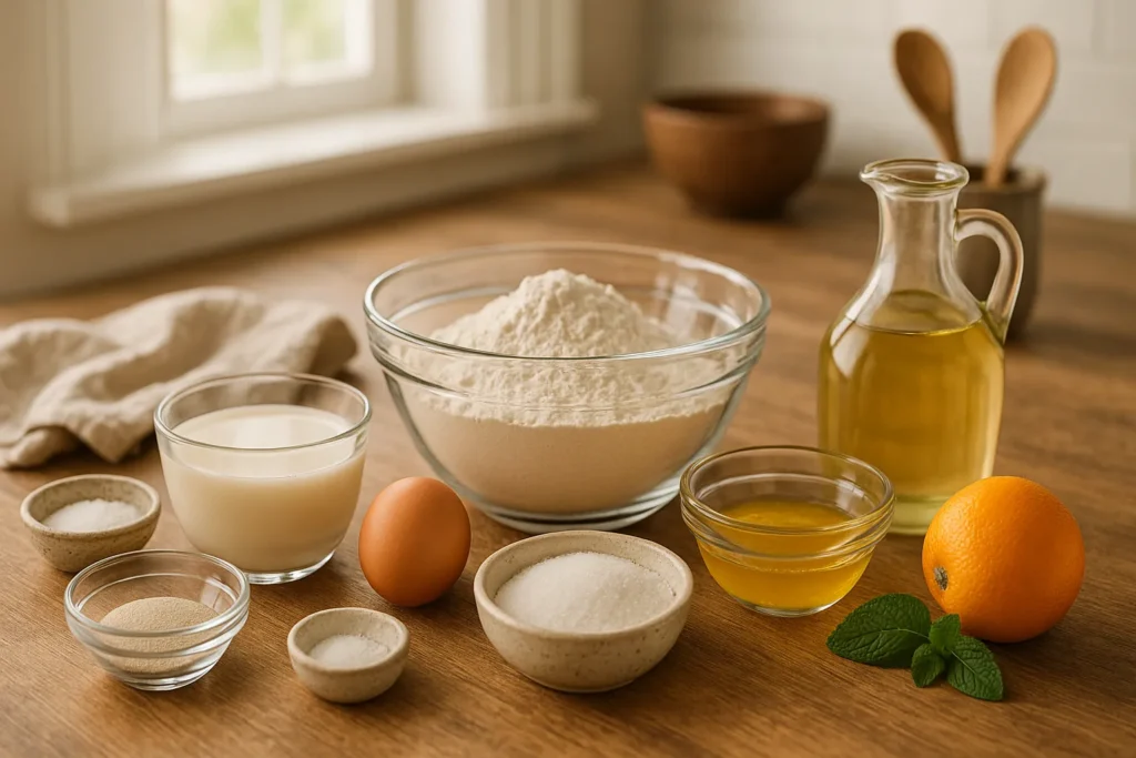 Ingredients for homemade sugar donuts arranged on a wooden kitchen counter, including flour, milk, egg, yeast, oil, sugar, salt, and melted butter.
