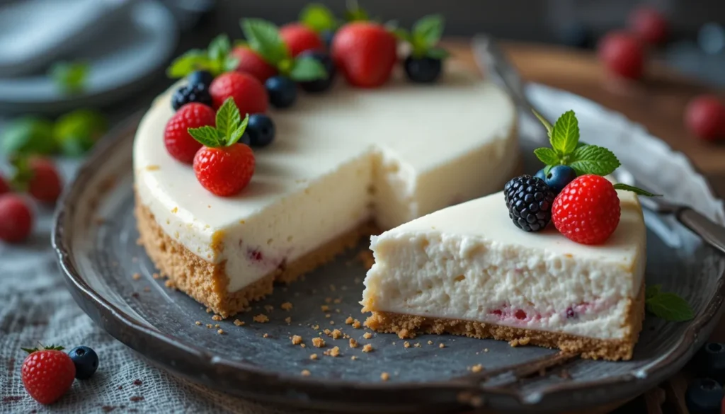 No-bake cheesecake with a graham cracker crust, topped with fresh berries and mint on a marble serving plate in a bright kitchen setting.