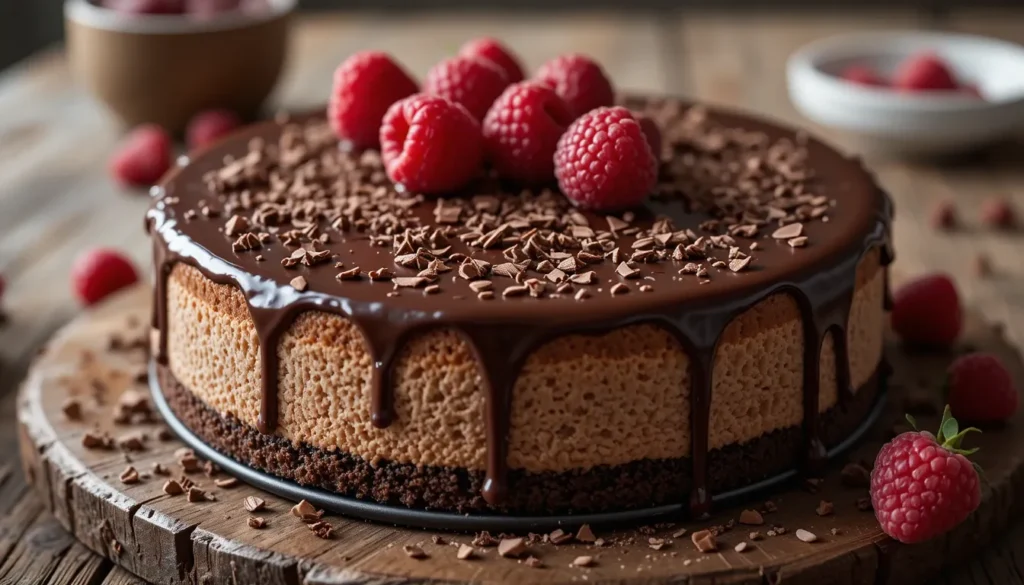 No-Bake Chocolate Cheesecake topped with ganache and raspberries on a wooden table