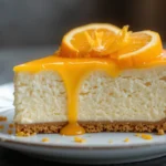 Slice of classic New York-style cheesecake being served from a whole cake on a white plate