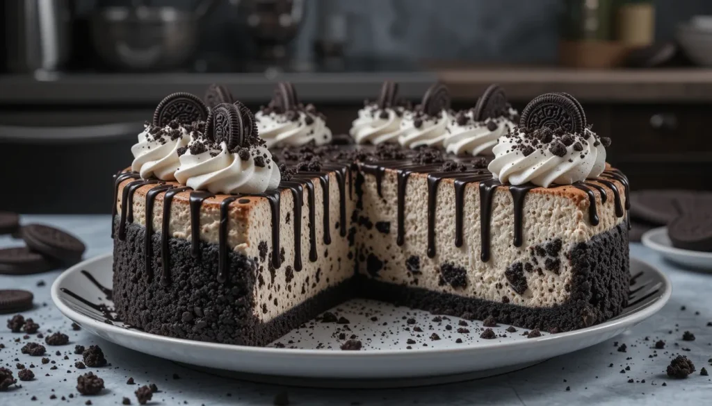 Oreo cheesecake with whipped cream and mini Oreo toppings, served on a black plate with cookie crumbs and chocolate drizzle.
