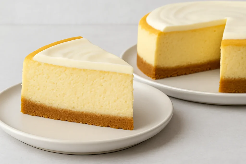 A slice of classic New York cheesecake on a white plate, with the remaining cheesecake in the background, both featuring a golden graham cracker crust and creamy sour cream topping.
