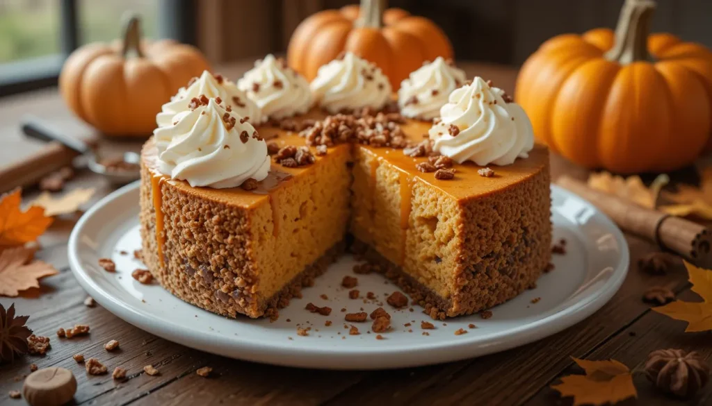 Pumpkin cheesecake topped with whipped cream and caramel, surrounded by autumn leaves, cinnamon sticks, and mini pumpkins on a rustic wooden table.