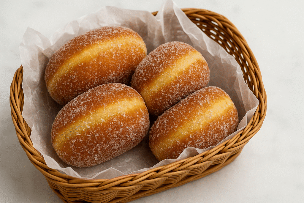 Three sugar-coated homemade donuts served in a wicker bread basket lined with parchment paper.