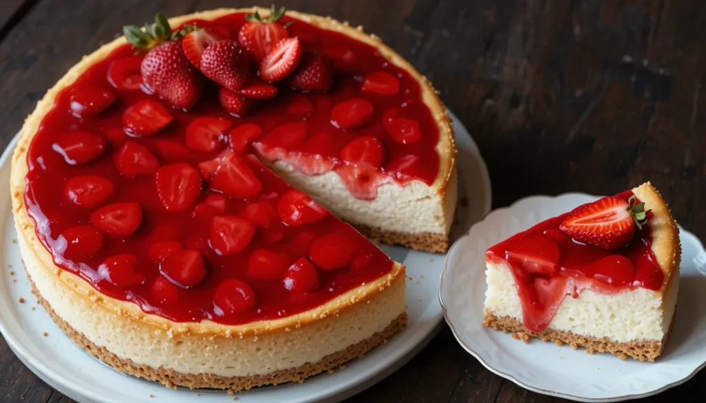Strawberry cheesecake topped with fresh strawberries and glossy strawberry sauce, on a white cake stand in a sunlit kitchen setting with mint garnish.