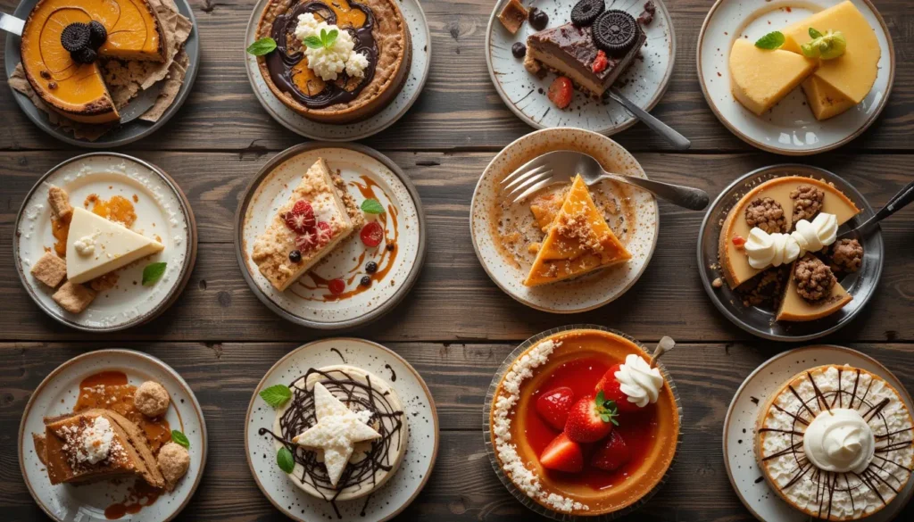 A top-down view of an assortment of ten cheesecakes, including New York-style, Oreo, and pumpkin cheesecake, displayed on rustic plates with fruit and sauce garnishes.