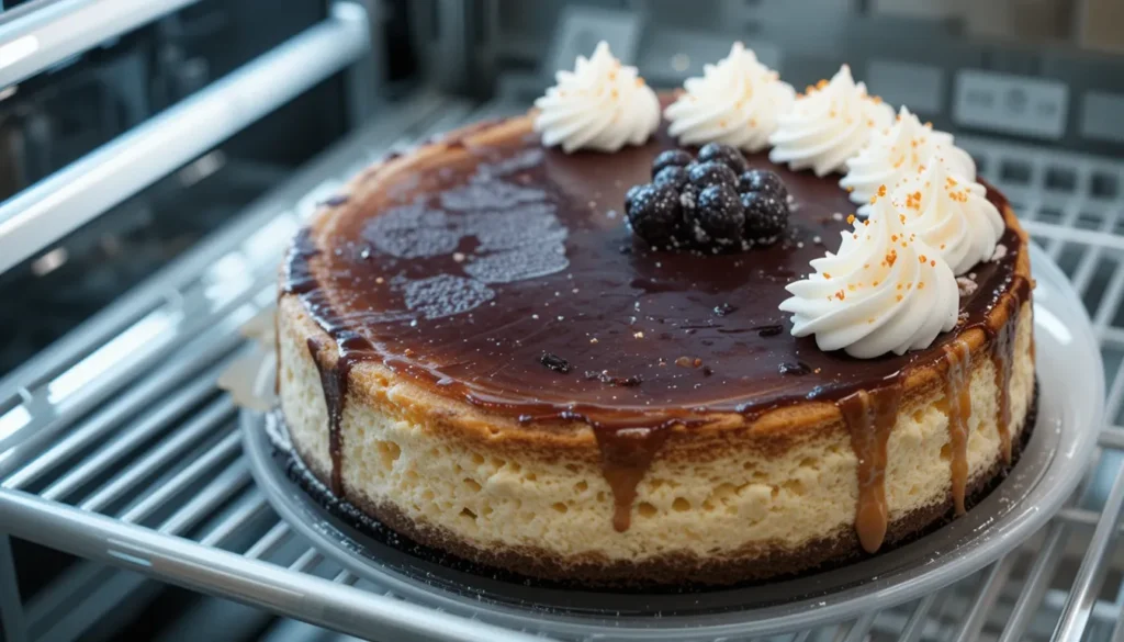 A whole New York cheesecake stored in a plastic container inside a refrigerator, placed on a white plate next to a jar of milk.