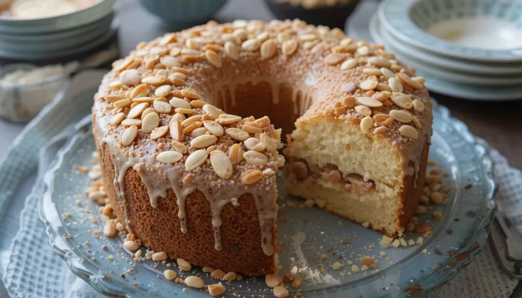 Freshly baked almond nut cake on a wooden table with powdered sugar and sliced almonds as garnish.