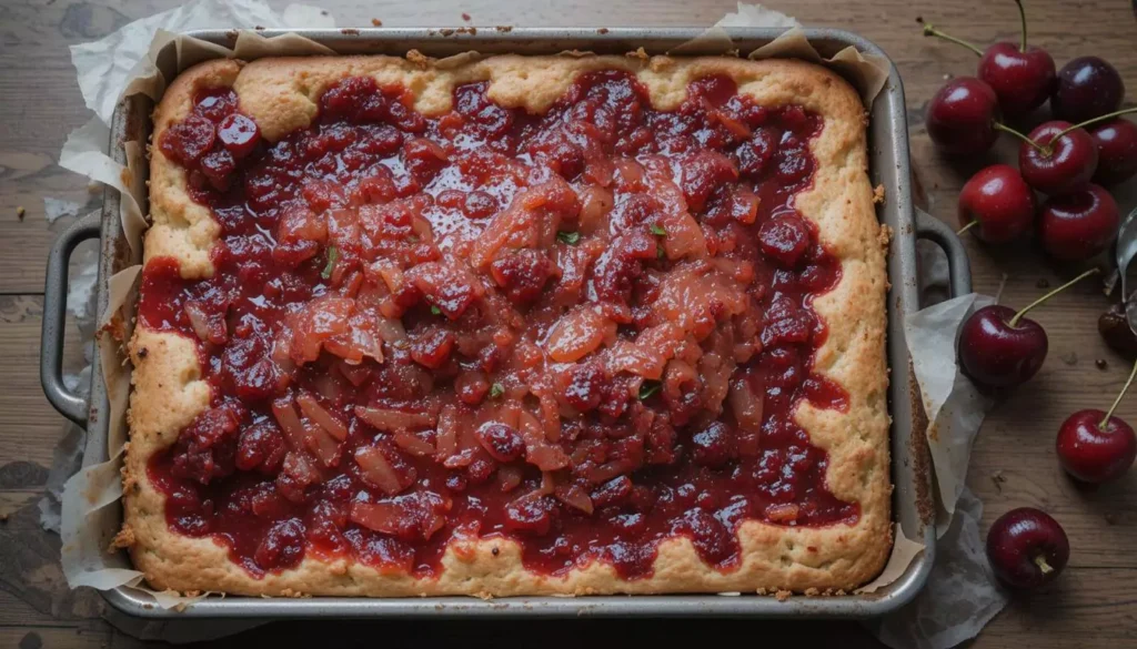 A close-up of a cherry compote tart topped with fresh cherries, served on a rustic wooden table.