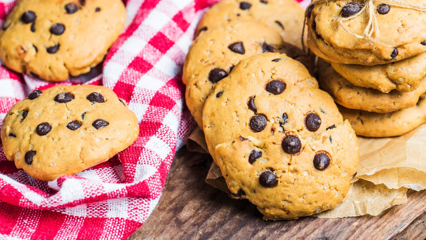 Freshly baked cake crumb cookies with chocolate drizzle and a cup of coffee