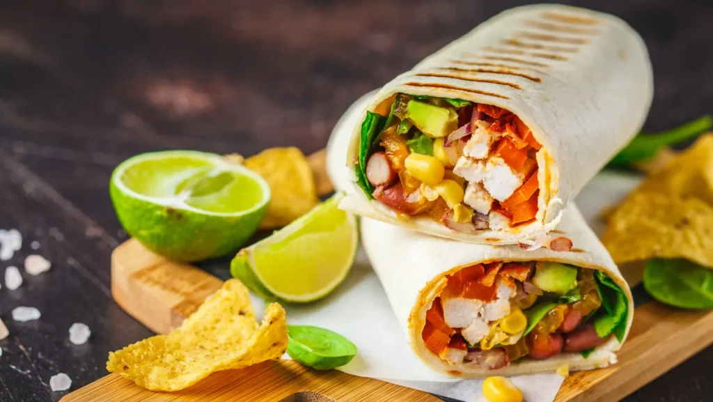 A savory chicken and egg breakfast burrito cut open to reveal scrambled eggs, shredded chicken, and fresh vegetables.