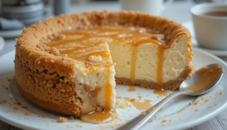 Freshly baked churro cheesecake with a golden cinnamon-sugar crust and creamy cheesecake filling on a wooden table.