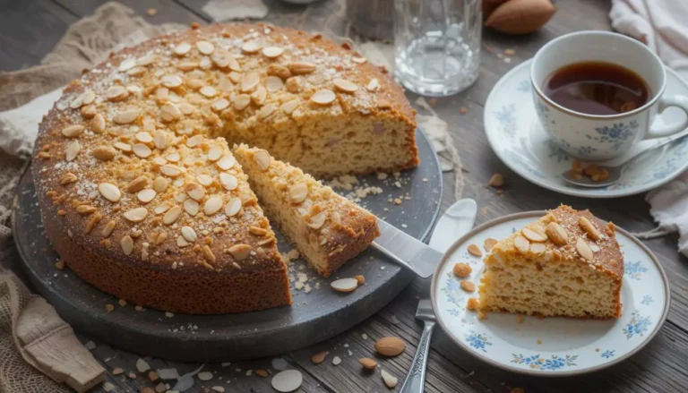 A moist almond nut cake decorated with powdered sugar, sliced almonds, and fresh berries, placed on a white plate with a cozy kitchen background.