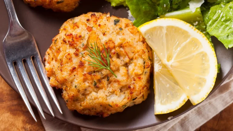 Gluten-free crab cakes served on a plate with lemon slices and tartar sauce.