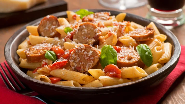 A vibrant skillet showcasing a ground sausage dinner recipe with pasta, marinara sauce, and basil, served alongside garlic bread.