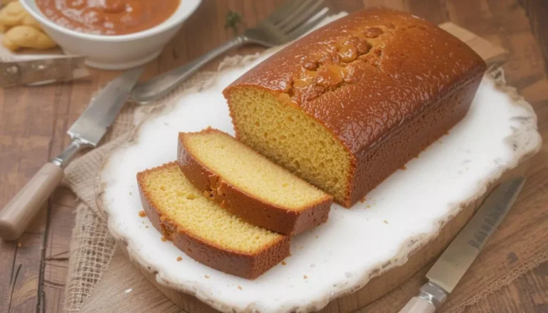 Moist pound cake sliced on a wooden platter with glaze and fresh fruit garnish.