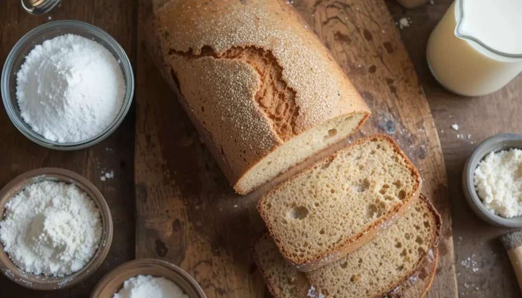 Freshly baked bread with baking soda, flour, and buttermilk on a wooden cutting board in a rustic kitchen setting.