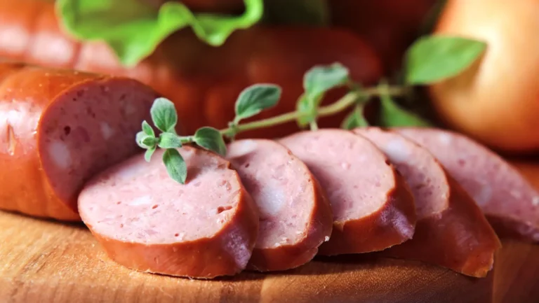 Smoked sausage cooking on a grill with vegetables for a flavorful meal