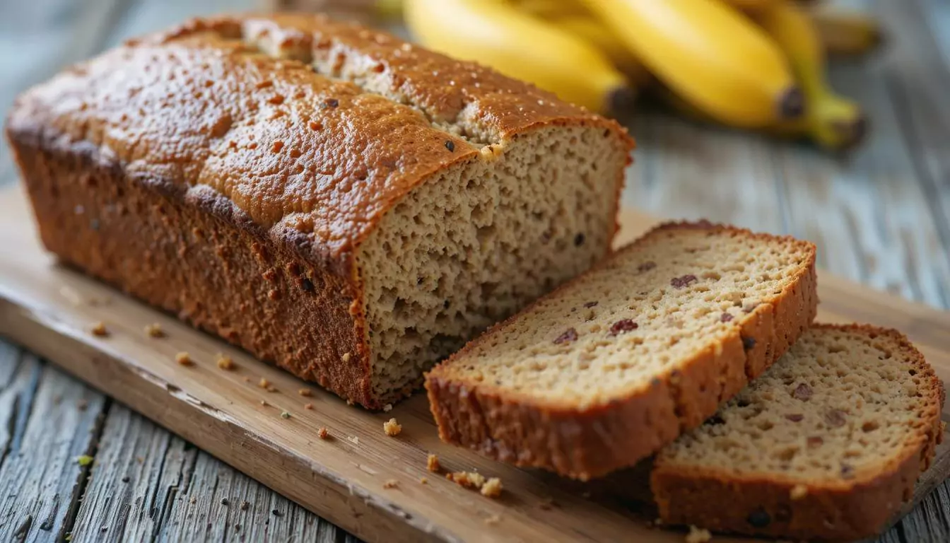 Freshly baked banana bread loaf on a wooden table with sliced pieces, surrounded by bananas and baking ingredients.