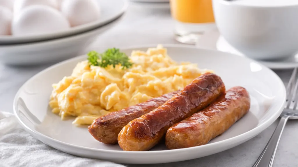 Close-up of breakfast sausage patties and dinner sausage links on a wooden cutting board with spices.