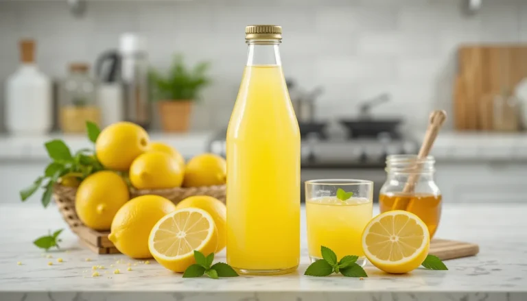 A bottle of gluten-free lemon juice surrounded by fresh lemons, a glass of juice, and natural ingredients on a bright kitchen counter.