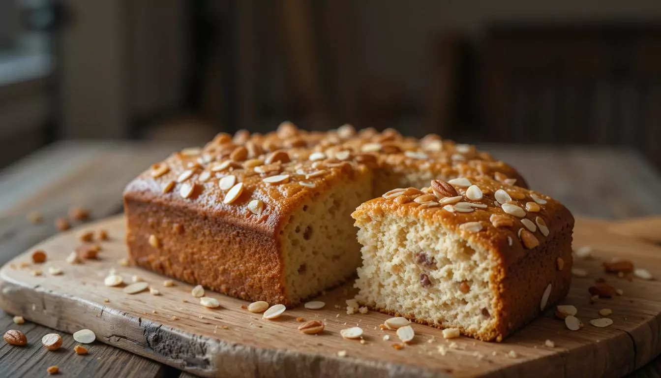 A freshly baked old-fashioned almond nut cake garnished with powdered sugar and almonds, served on a rustic wooden table.