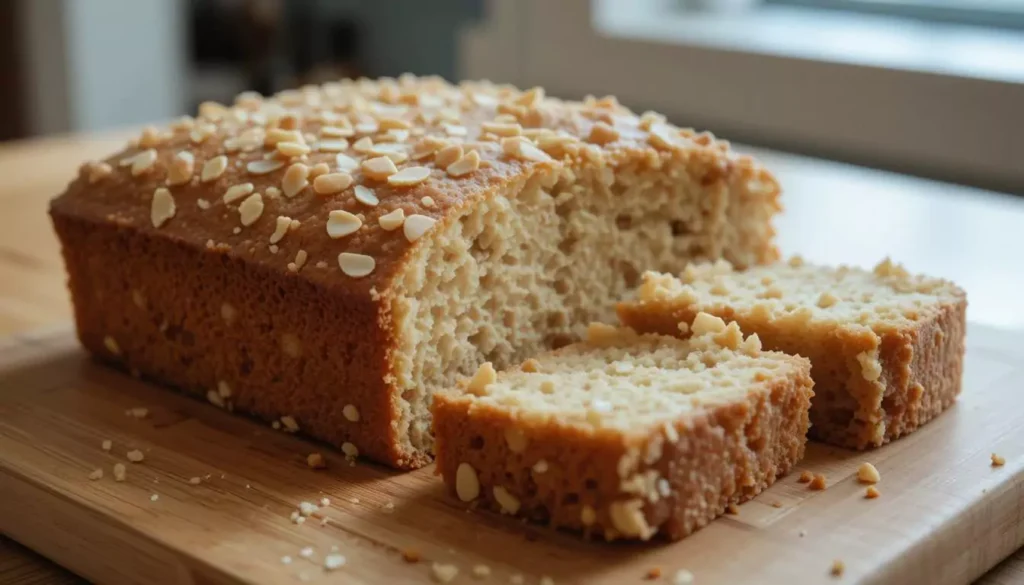 A moist and fluffy almond nut cake topped with powdered sugar and slivered almonds, served on a rustic wooden table with coffee and baking tools.