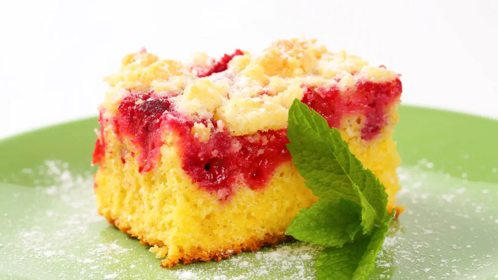 A fresh strawberry crumb cake with a golden crumb topping and sliced strawberries on a white plate.