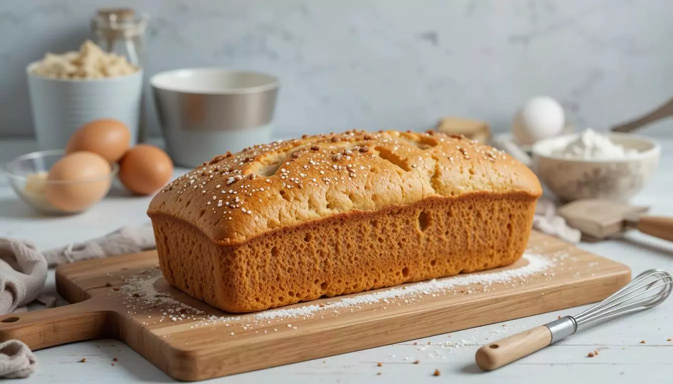 A loaf of bread on a wooden cutting board surrounded by baking ingredients like baking powder, eggs, and a whisk in a rustic kitchen setting.