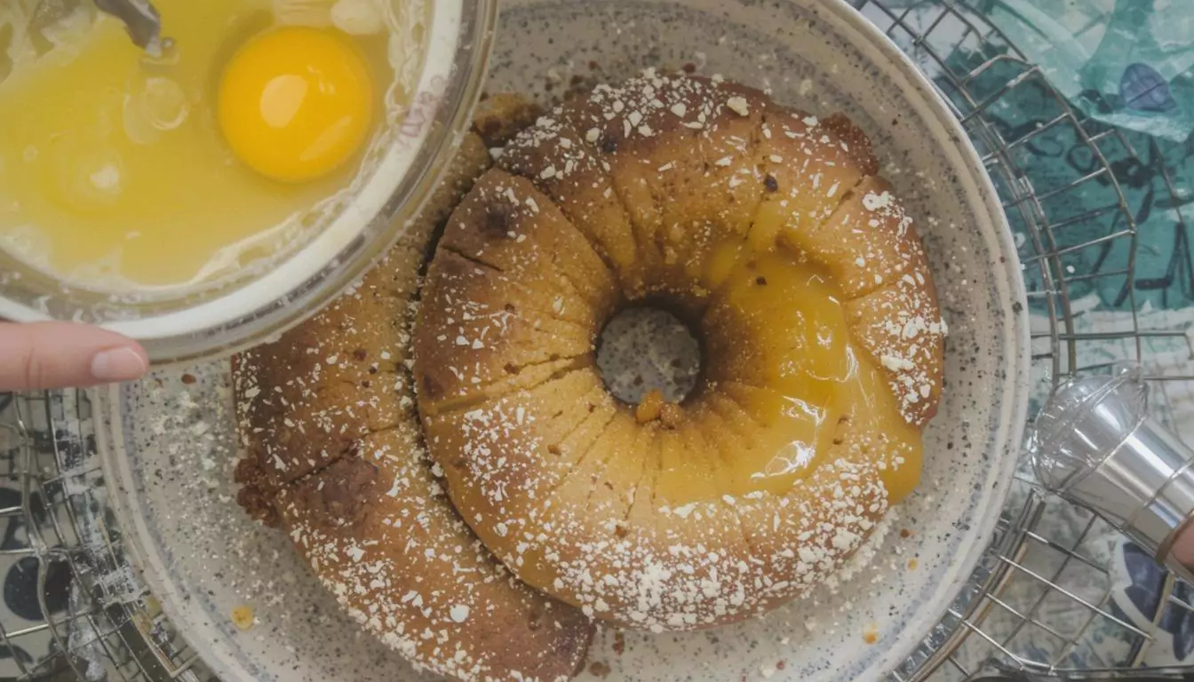 Close-up of a freshly baked pound cake with a soft crumb and golden crust on a wooden table.