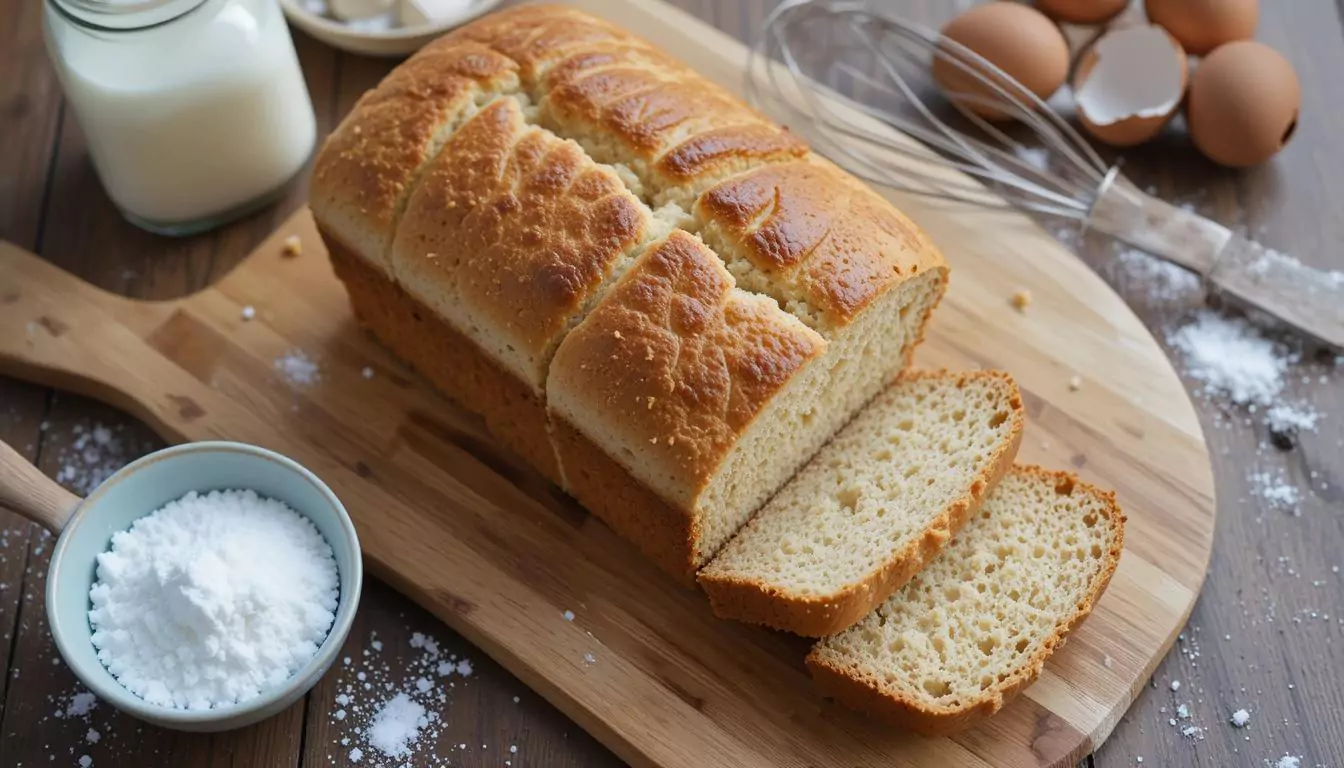 A loaf of bread with a golden crust on a wooden cutting board, surrounded by baking soda, buttermilk, and a whisk in a cozy kitchen setting.