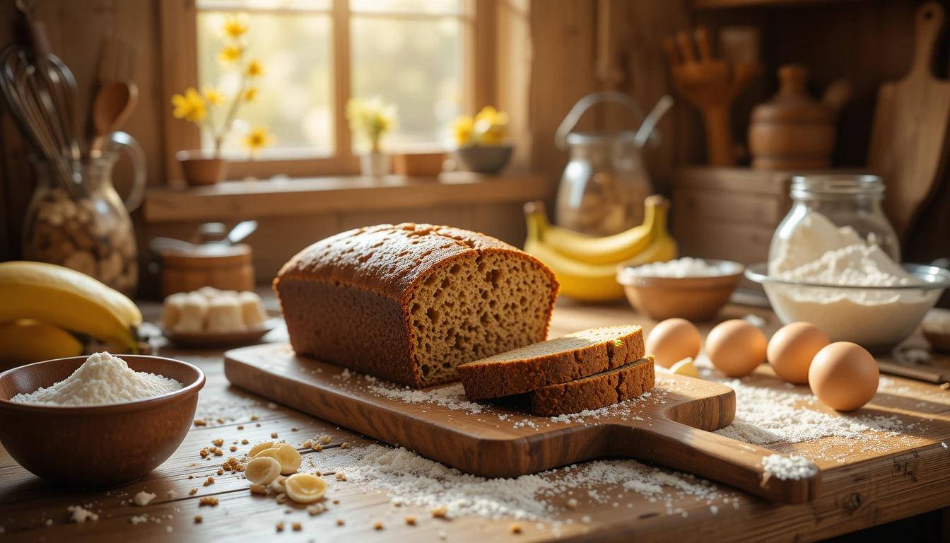 A dense loaf of banana bread on a wooden cutting board, surrounded by baking ingredients like bananas, flour, and eggs in a rustic kitchen setting.