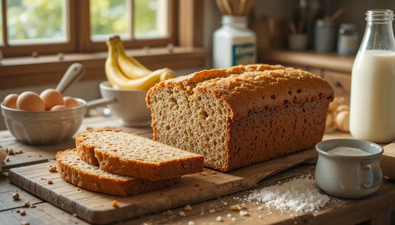 A fresh loaf of banana bread on a wooden table with sliced pieces, surrounded by baking ingredients like bananas, eggs, flour, and buttermilk.