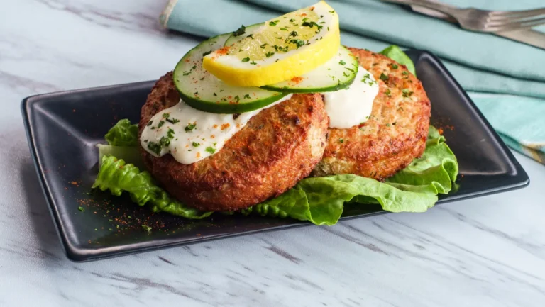 Crab cakes made with breadcrumb substitutes served with lemon slices and dipping sauce.