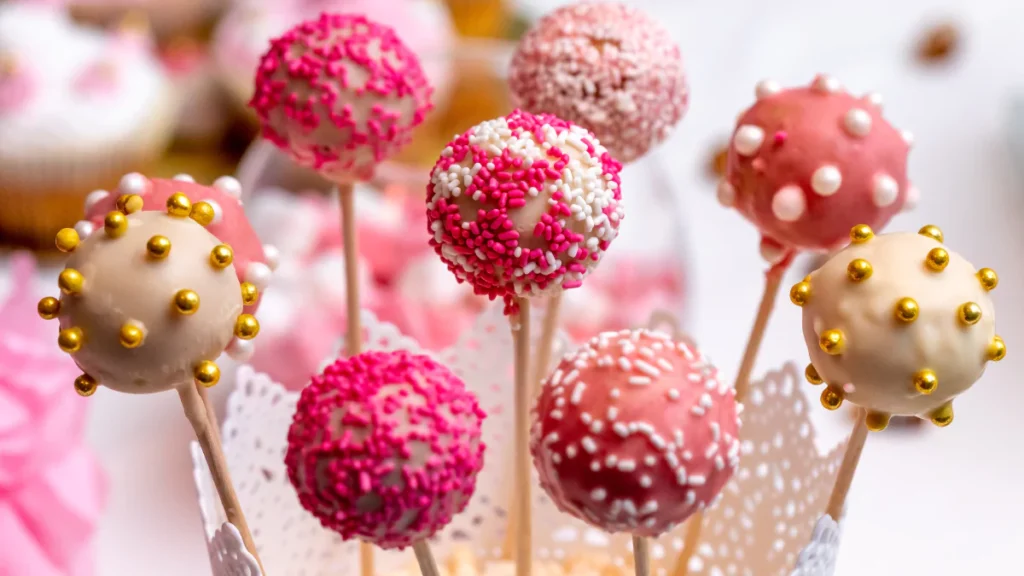 Delicious and colorful cake pops decorated with sprinkles and drizzles on a wooden table.