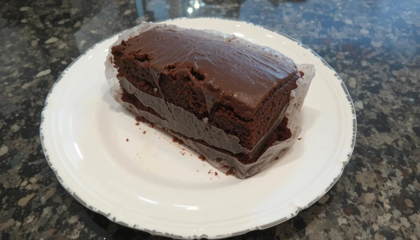 Dry chocolate pound cake sliced on a plate with frosting and fresh berries.