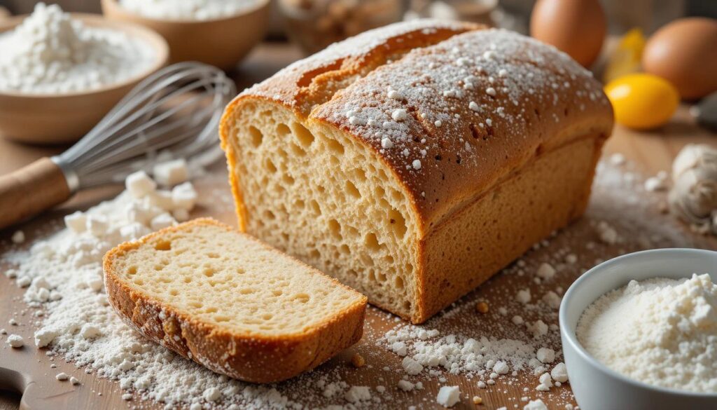 A rustic loaf of bread with a dense texture, surrounded by baking ingredients like flour, eggs, and a whisk on a wooden countertop