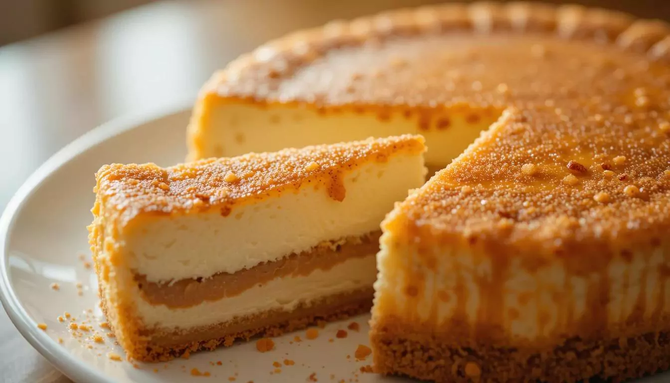 Freshly baked churro cheesecake with cinnamon-sugar topping and creamy filling, served on a rustic wooden table.