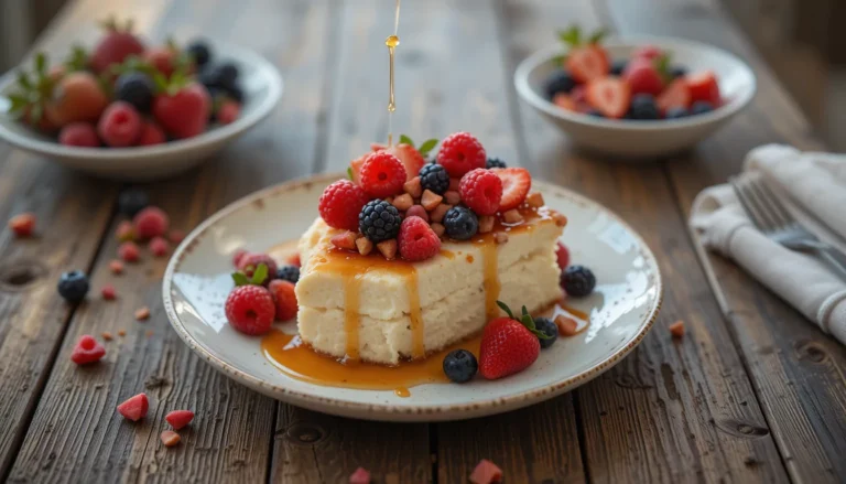 A freshly baked 3-ingredient Greek yogurt cake served on a white plate with a garnish of fresh berries and a drizzle of honey.