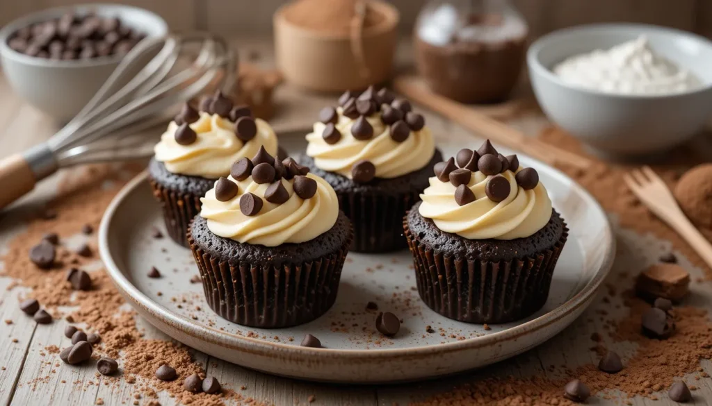 Black bottom cupcakes with a creamy cheesecake filling, topped with chocolate chips, served on a rustic plate.