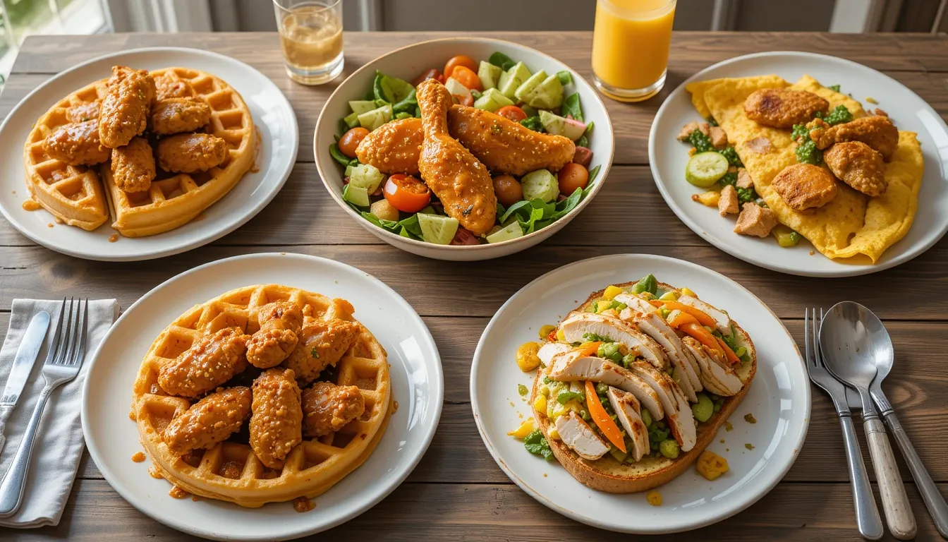 A delicious spread of chicken breakfast recipes including chicken omelet, chicken waffles, and a chicken breakfast bowl served on a rustic table.