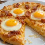 A classic puff pastry breakfast pizza with crispy bacon, melted cheese, and sunny-side-up eggs, garnished with fresh chives.