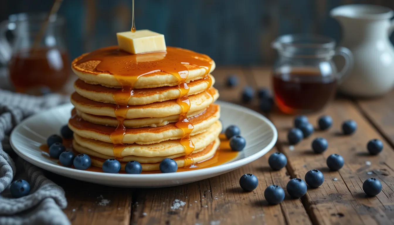 Stack of fluffy Cracker Barrel pancakes topped with butter and maple syrup on a white plate.